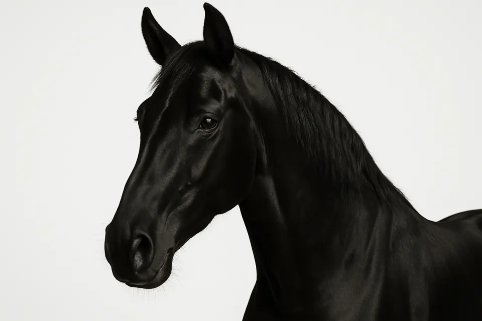 Elegant black horse with expressive eyes on a light background