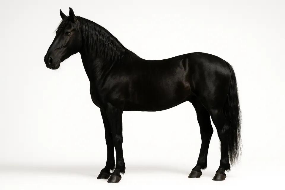 Image of a black horse with a long mane on a white background