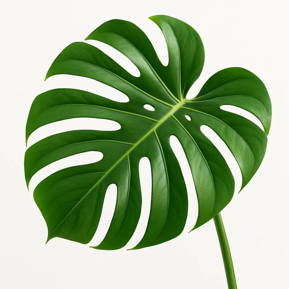 Juicy green monstera leaf with characteristic cuts and veins
