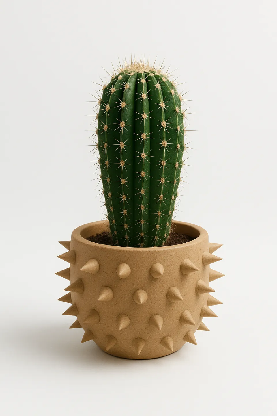 Green cactus in a pot with spikes on a white background