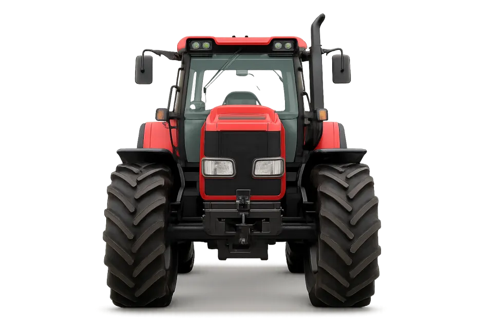 Red tractor with powerful front and rear tires on a black background