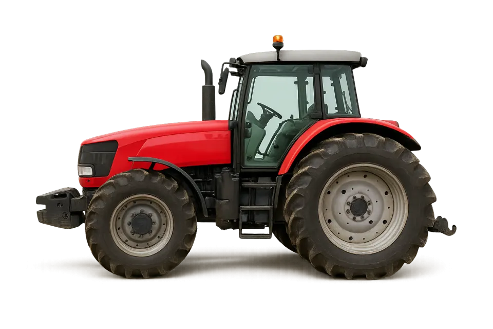 Side view of a red tractor with large wheels and a glass cabin