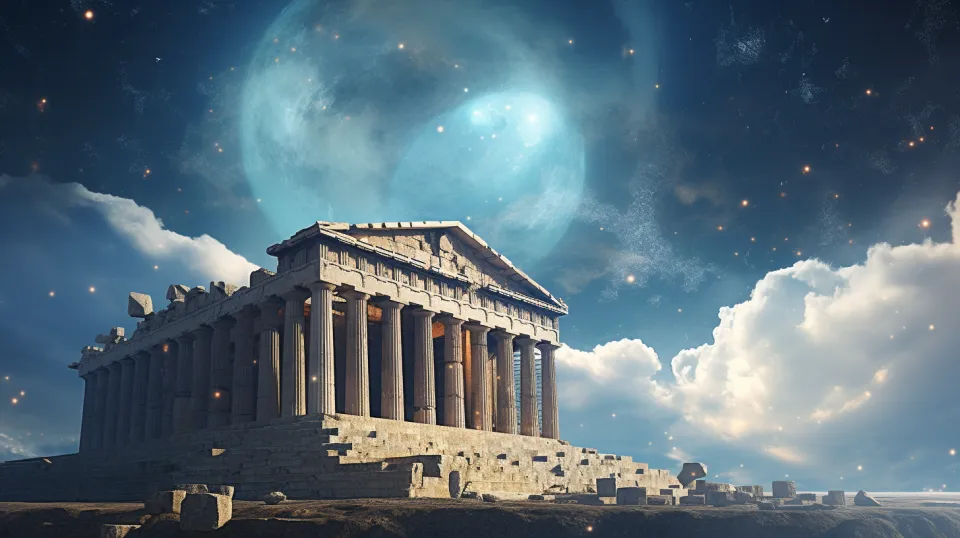 Templo con columnas contra un fondo de cielo estrellado y nubes