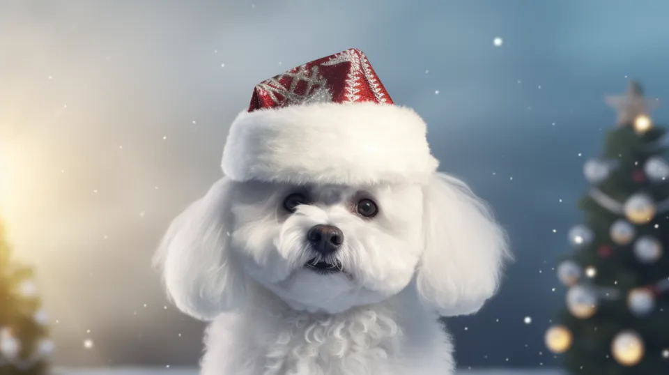 Perro de raza bichón frisé con gorro festivo frente a un árbol de Navidad