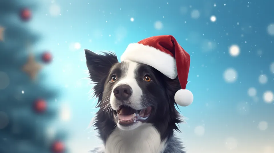 Порода собаки, одетая в рождественскую шапку, с елкой на заднем плане