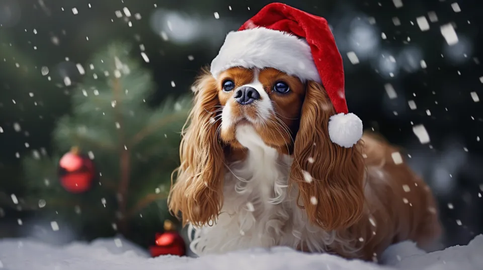 Cavalier King Charles Spaniel with a Christmas Hat Against Snow and a Christmas Tree