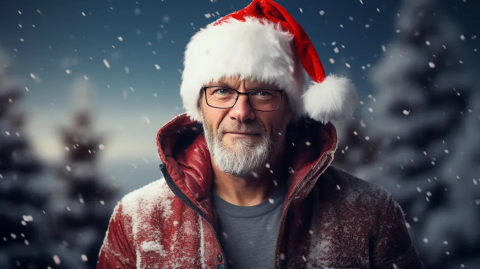 Portrait of an elderly man in a red Santa hat against a winter landscape