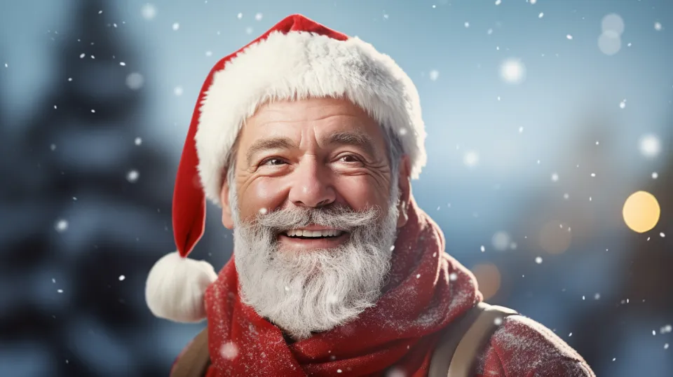Santa Claus smiling in front of a winter landscape with falling snow