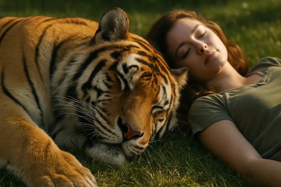Mujer durmiendo junto a un tigre sobre un suave césped verde