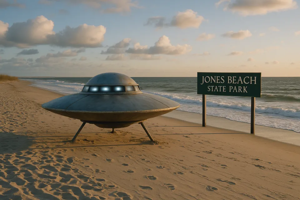 Nave extraterrestre contra el océano y el letrero del parque Jones Beach