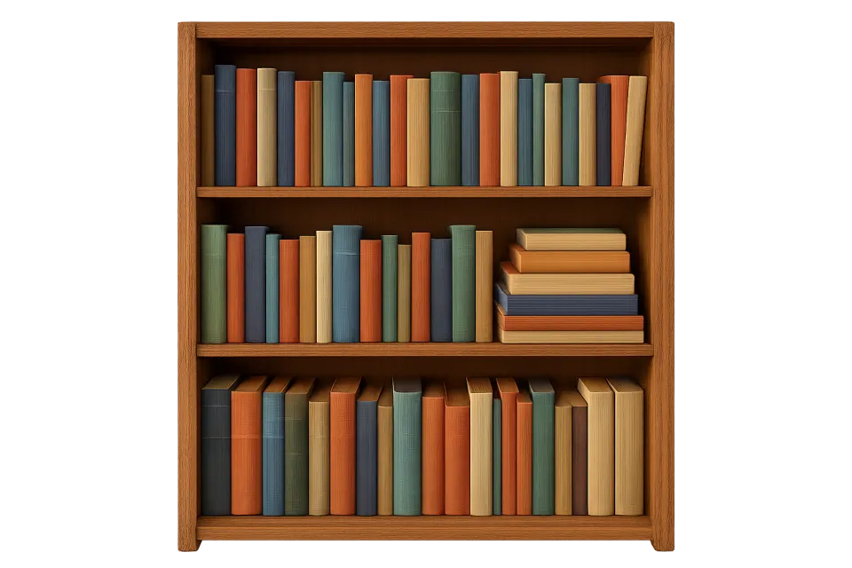 Wooden shelf with neatly arranged books of various colors and sizes