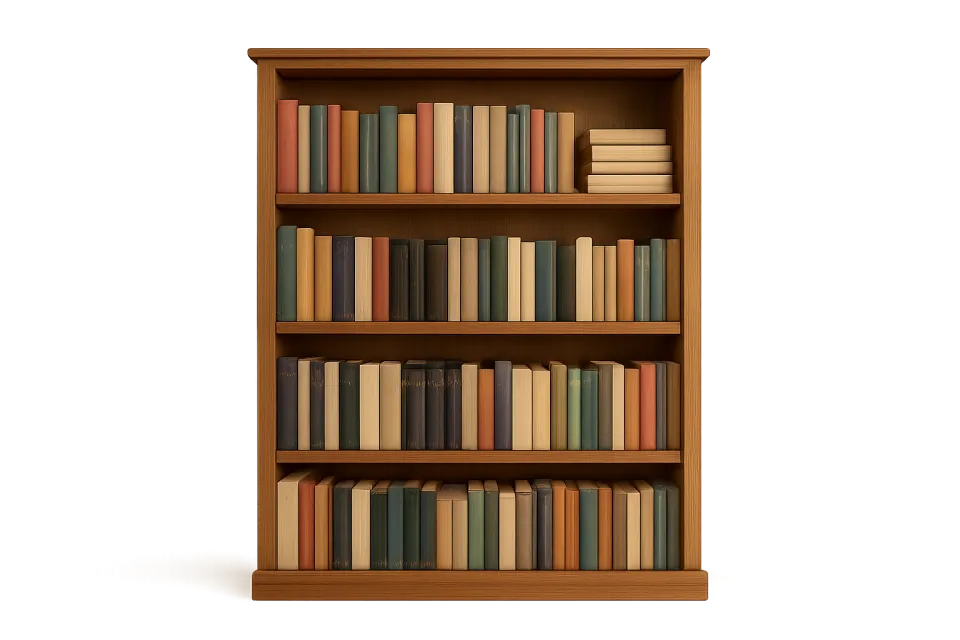 Деревянный стеллаж с разнообразными книгами разных цветов и форматов
