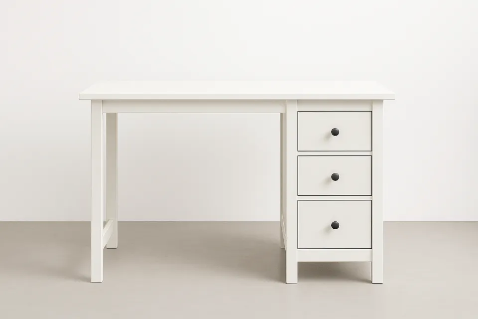 White Writing Desk with Three Drawers and Black Handles