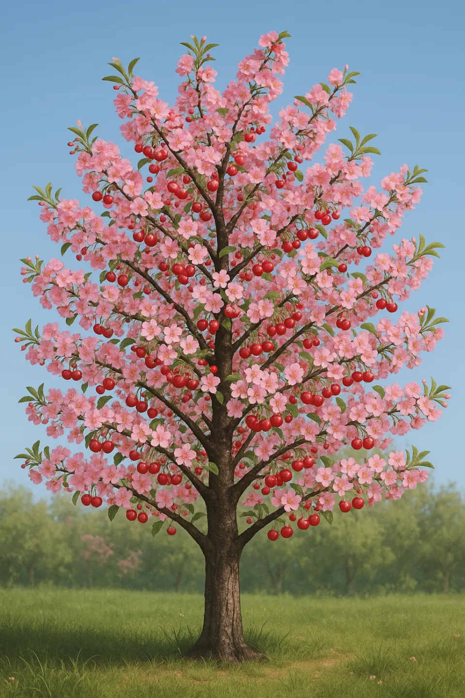 Cherry tree with bright flowers and red fruits on branches