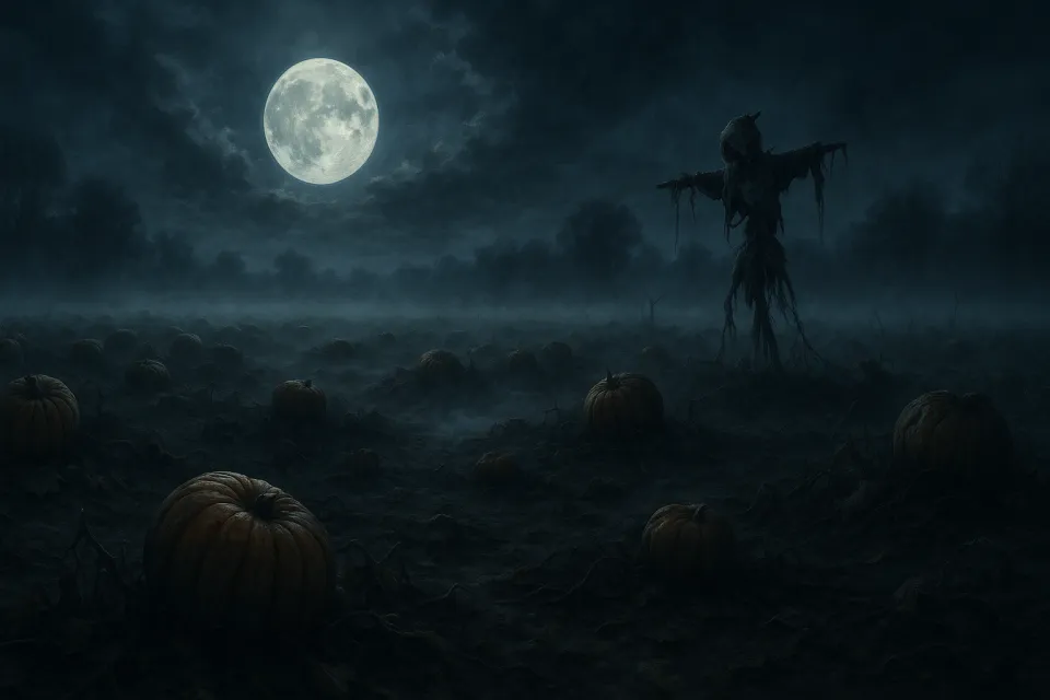 Campo oscuro con calabazas y un espantapájaros aterrador bajo la luna llena