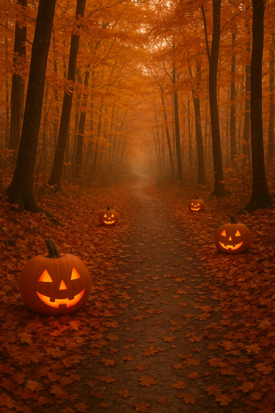Picturesque autumn forest with internally lit pumpkins