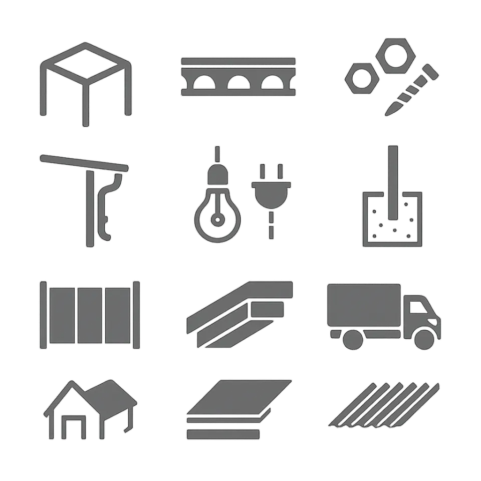 Набор иконок, изображающих строительные материалы и инструменты