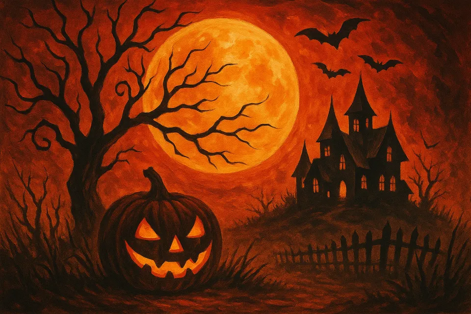 Creaky house with a little pumpkin against the backdrop of a full moon and bats