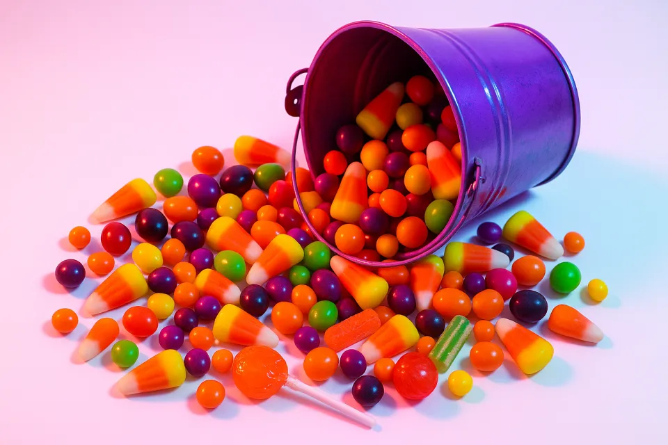 Colorful candies spilled from a purple bucket onto a white surface