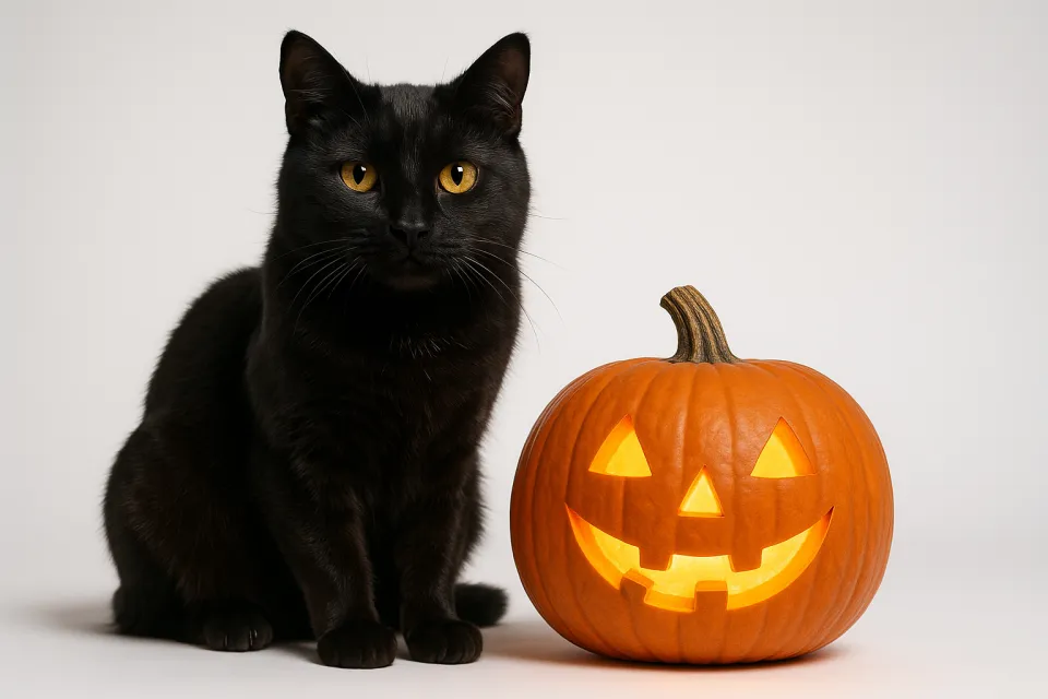 Image of a black cat next to a glowing pumpkin for All Hallows' Eve