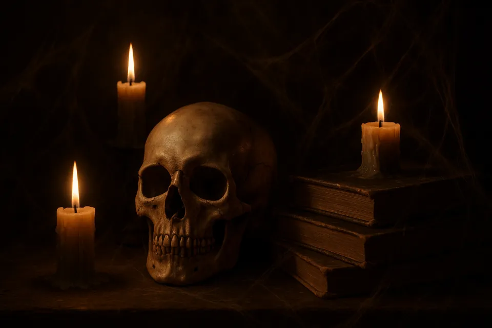 School with a Skull and Burning Candles in a Mysterious Atmosphere