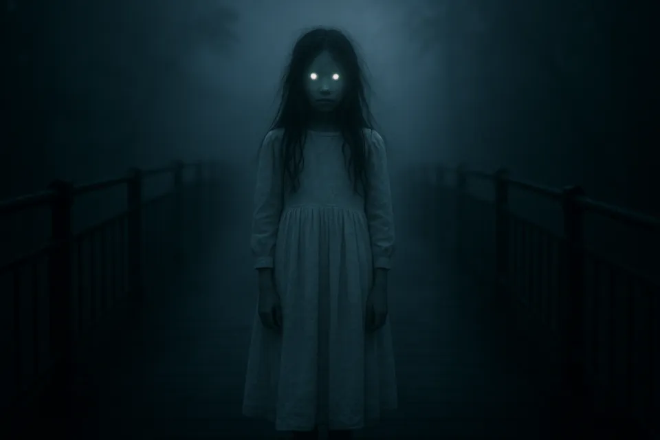 Creepy girl with glowing eyes in dark fog