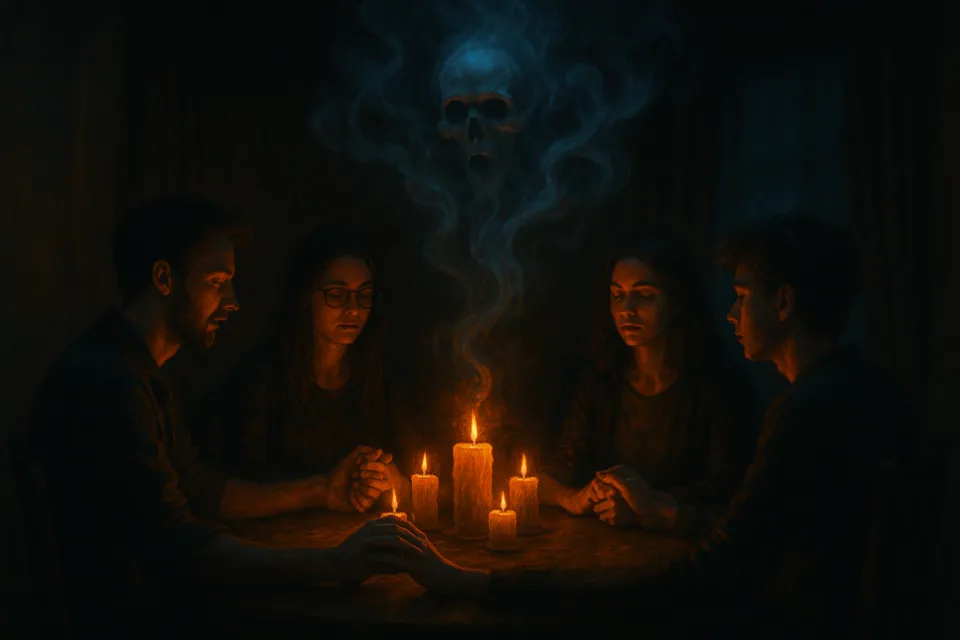 A group of people sitting around a table with burning candles and an ethereal spirit