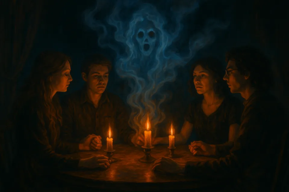 A group of people at a séance with a ghost in the smoke in the background