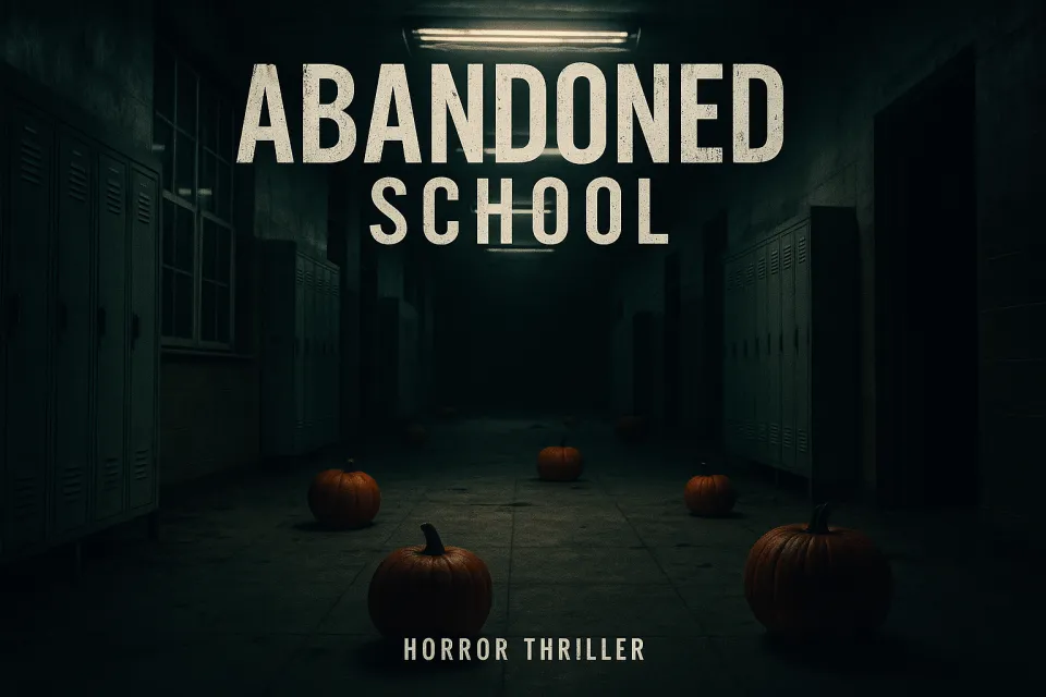 Крупный план заброшенной школы с тыквами и lockers
