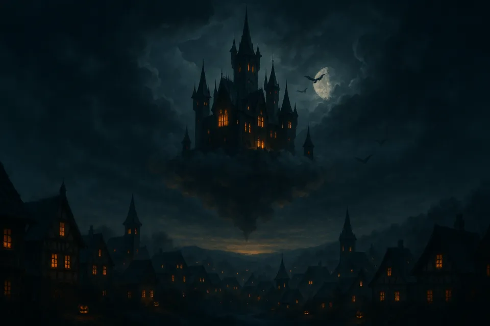 Magic castle floating among the clouds under the full moon