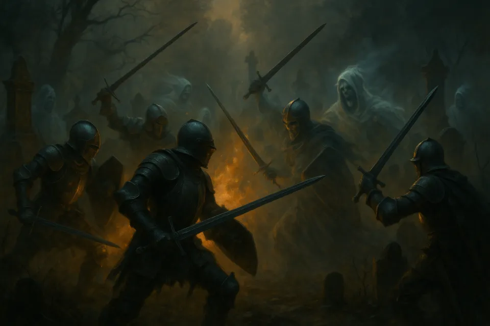 Scene of a battle between knights and ghosts in a grim atmosphere