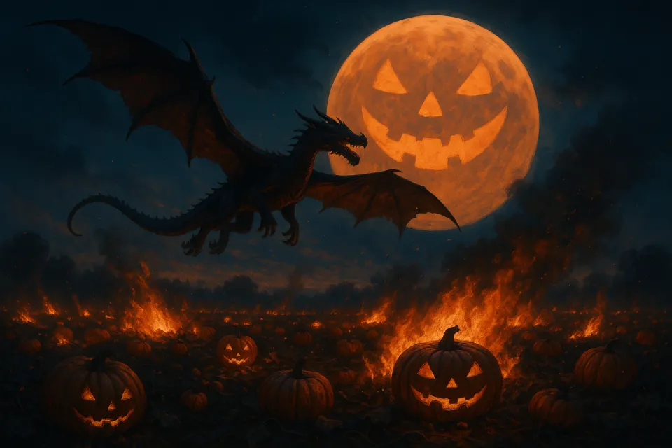 Imagen de un dragón volando bajo la luna en forma de calabaza durante la celebración de Halloween