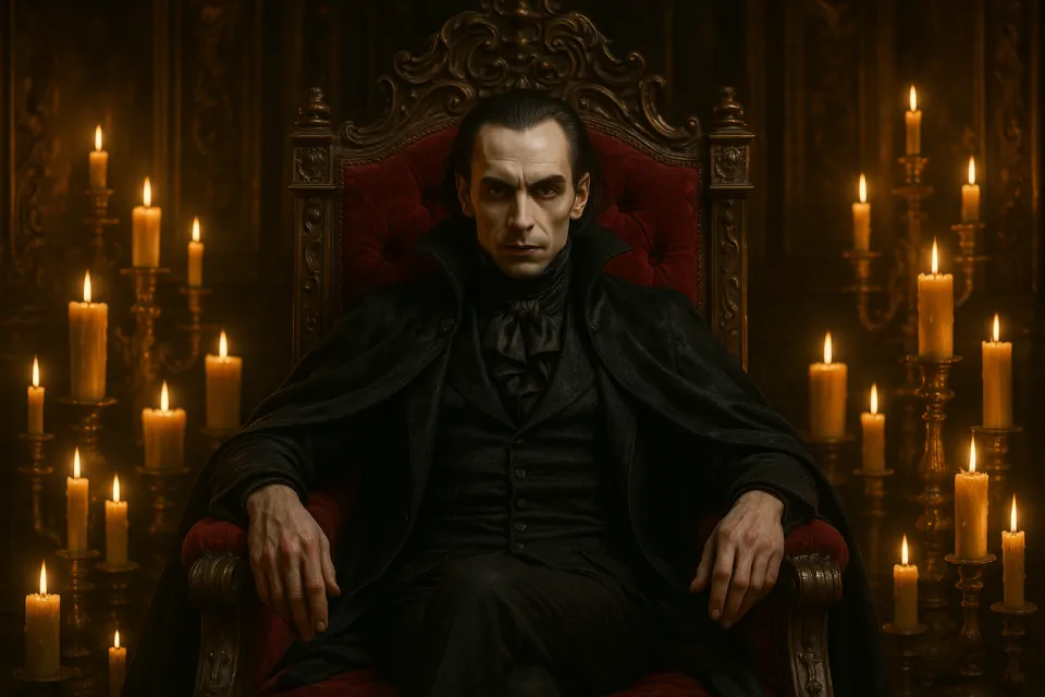 Gothic man in black sitting on a red chair surrounded by candles