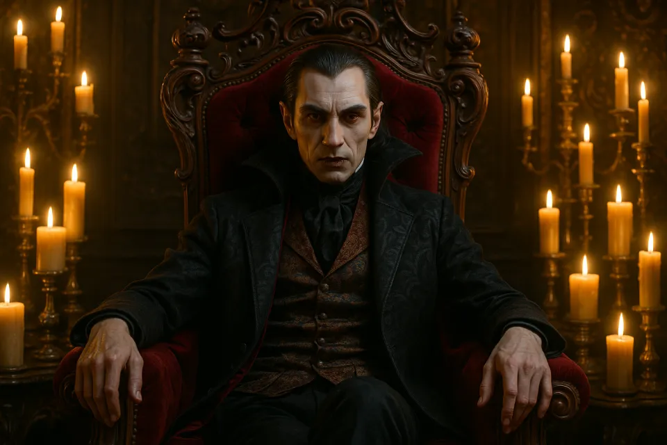 Man in elegant clothing sitting in an armchair among candles