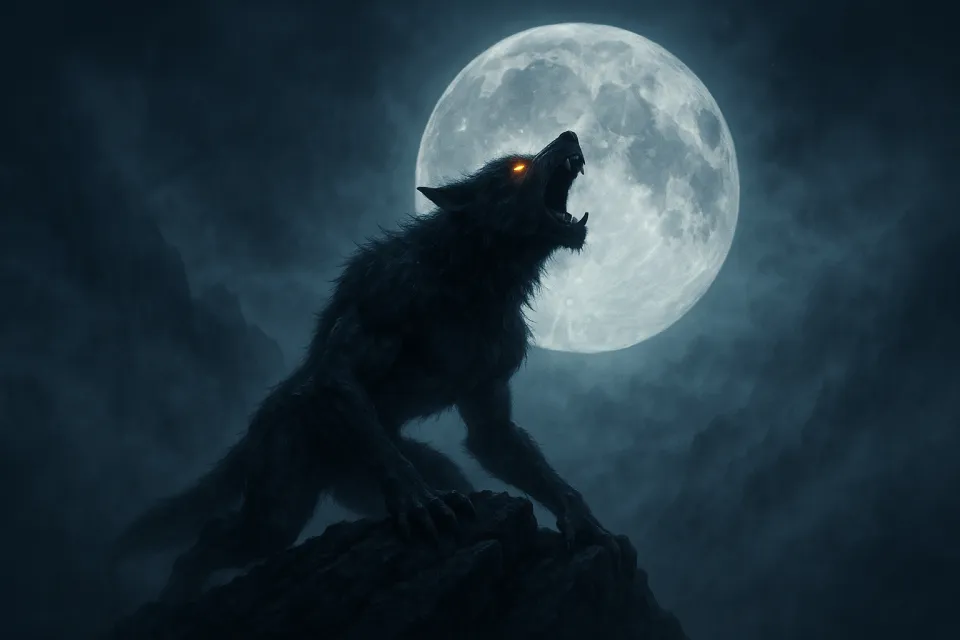 Wolf standing on a rock under a bright full moon amidst clouds