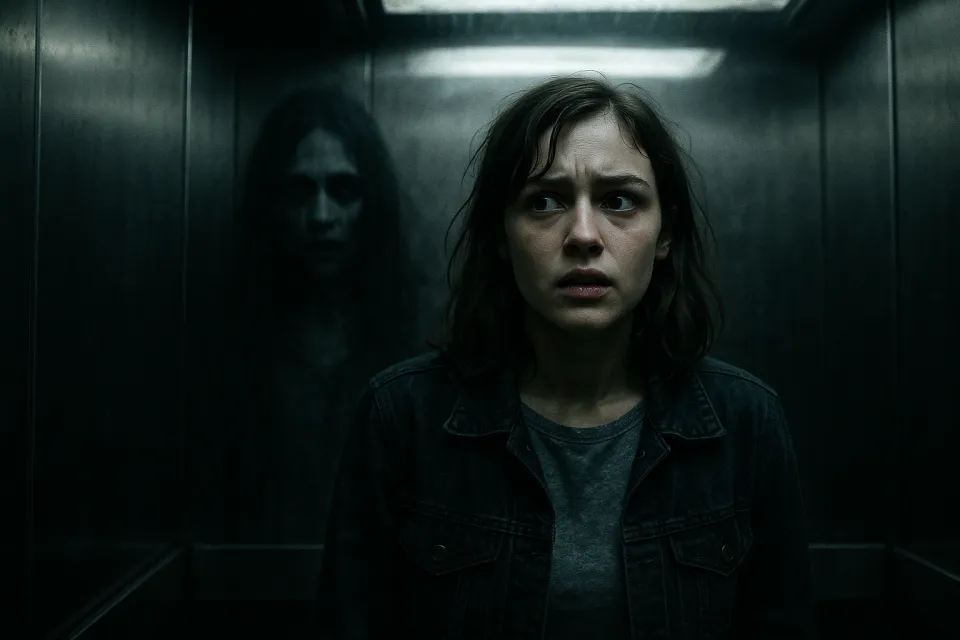 Frightening scene in an elevator with a woman and a ghostly figure behind her