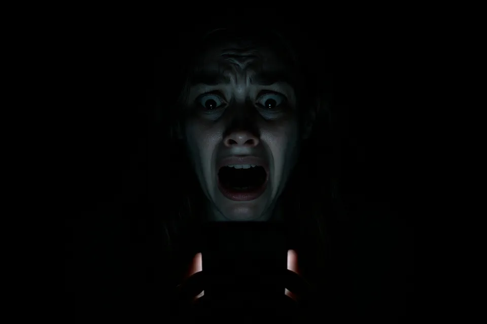Mujer con expresión asustada mirando la pantalla del teléfono en la oscuridad