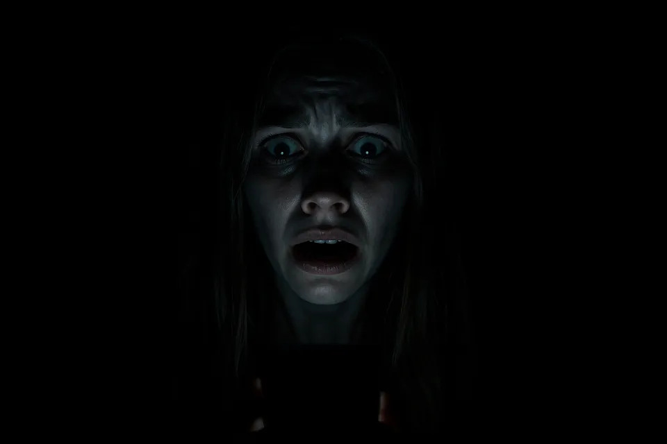 Scary night scene with a woman frightened by her phone