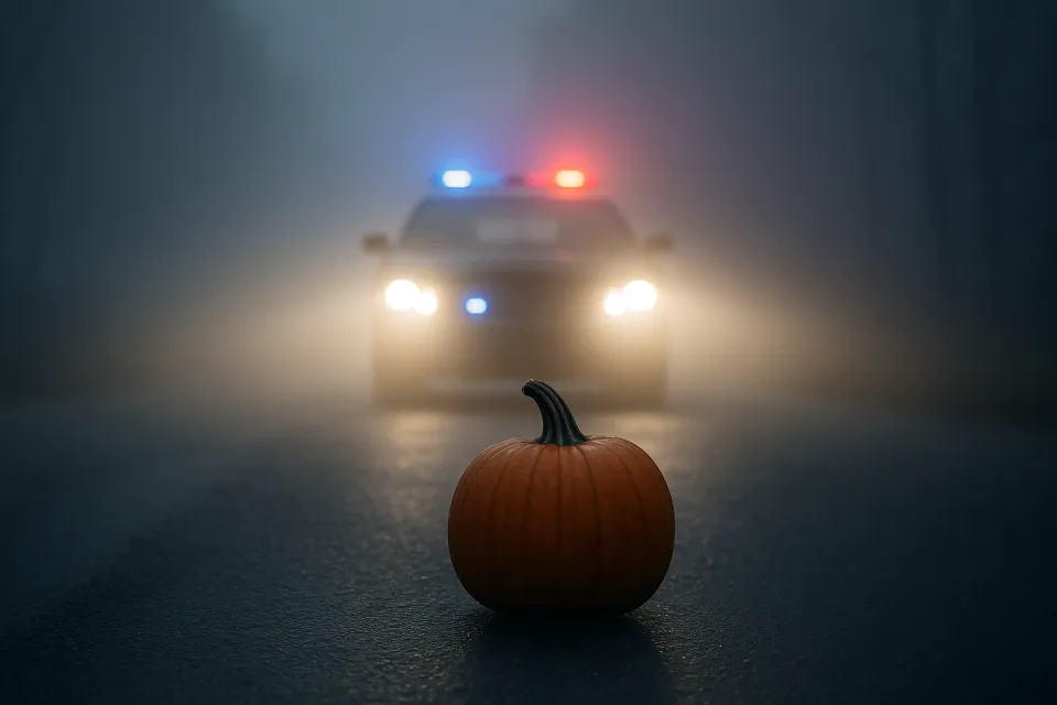 Brillante calabaza frente a un coche de policía en un entorno nebuloso