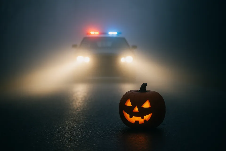 Glowing pumpkin against the backdrop of a police car in a foggy setting