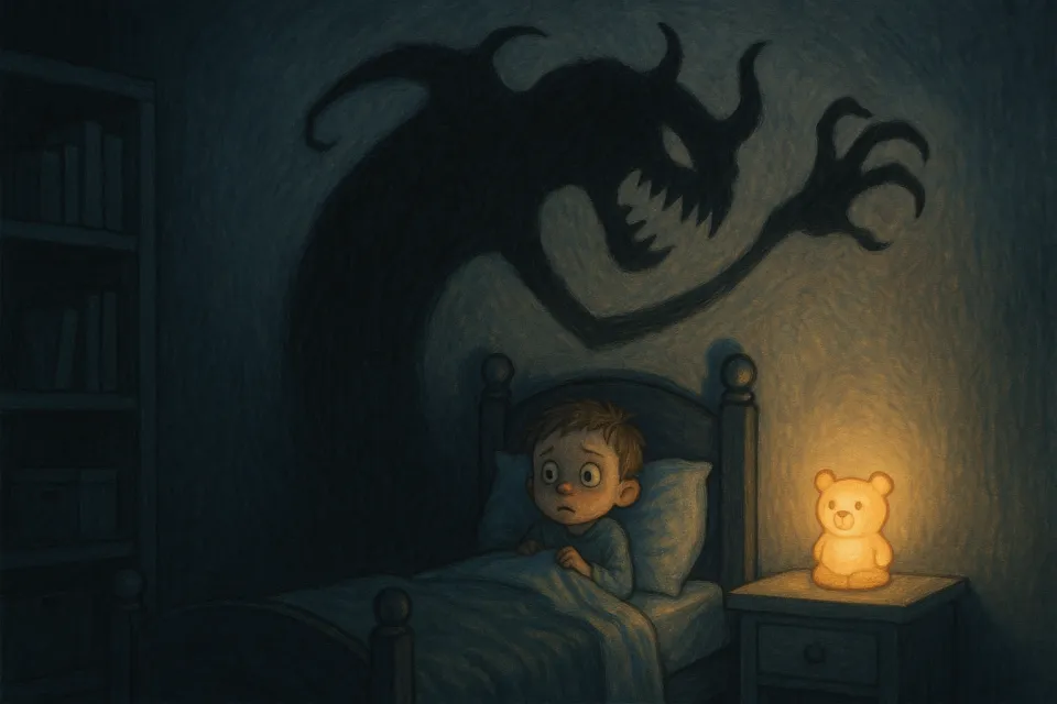 Niño en la cama con cara asustada, sombra de un monstruo en la pared