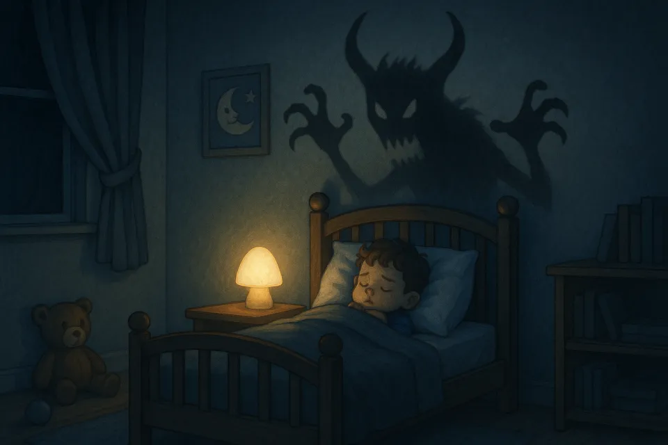 A child on a bed with a beautiful bedside lamp and shadows in the room