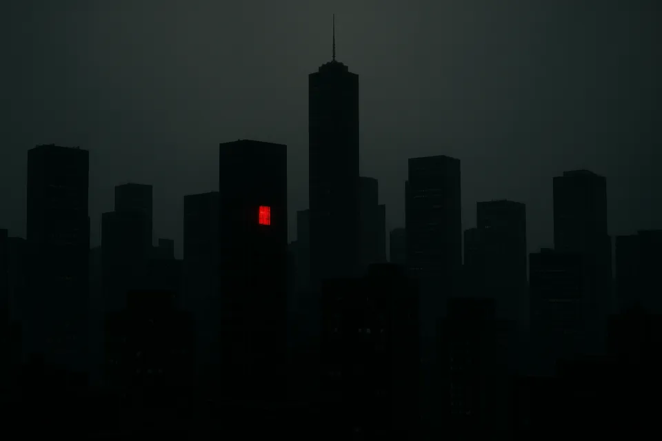Silhouette of city buildings against a dark sky with red lighting