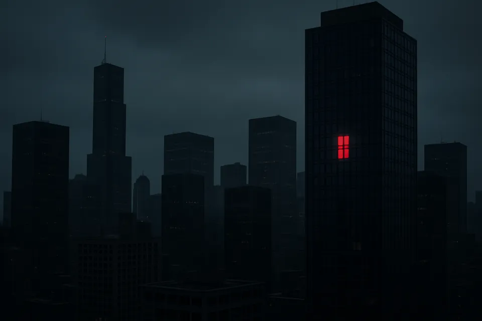 Rascacielos de la ciudad en una noche nublada, uno de ellos brilla con luz roja