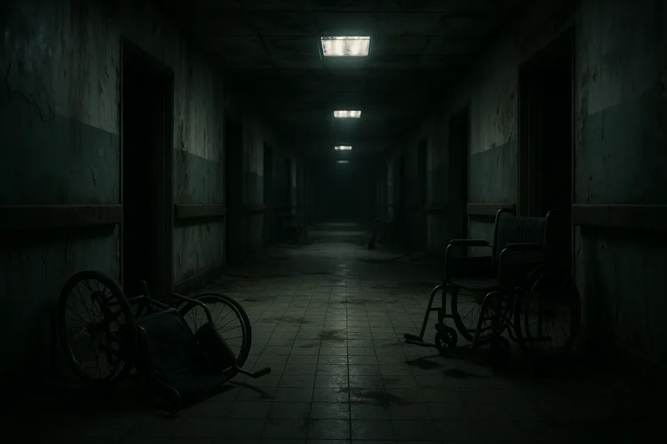 Pasillo abandonado con sillas de ruedas y fondo oscuro