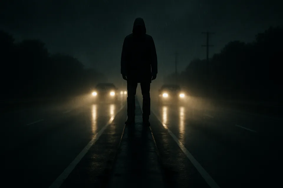 Silueta de una persona en una carretera mojada en la oscuridad durante la lluvia