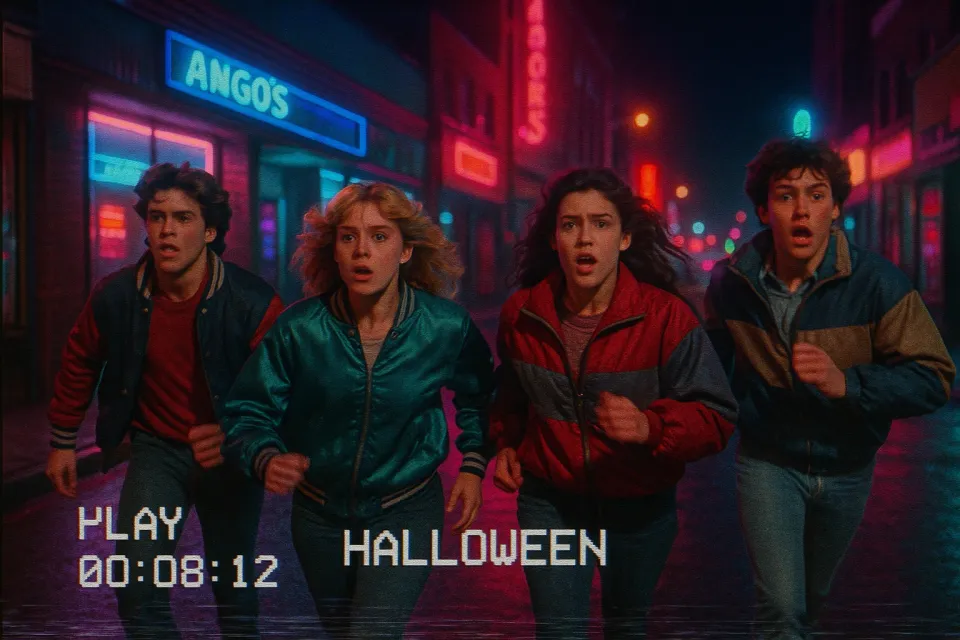 Cuatro adolescentes corren por una calle iluminada en la noche de Halloween