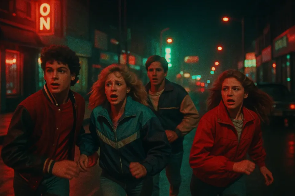 A group of teenagers hurrying down a nighttime street surrounded by neon lights