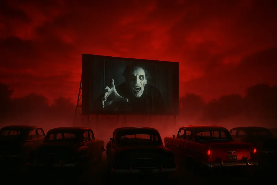 Imagen inquietante con una pantalla mostrando una película de terror y coches antiguos