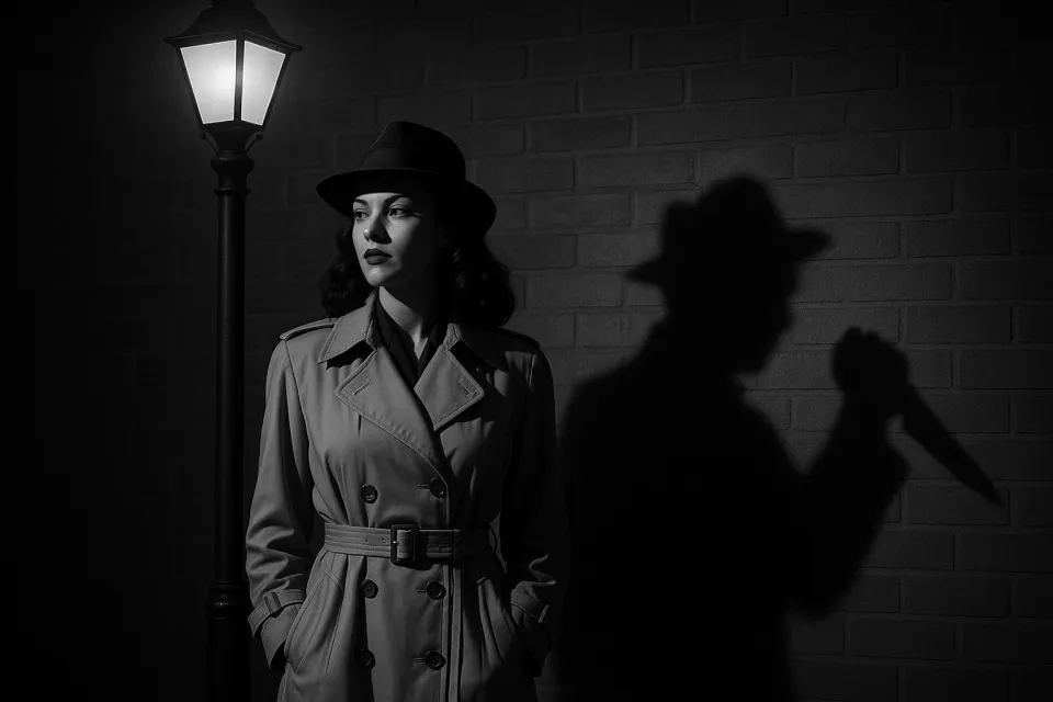 Mujer con abrigo de pie junto a una farola, su sombra crea una atmósfera siniestra